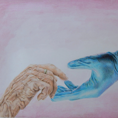 hand drawing of two hands touching, one old, one with a flowered glove