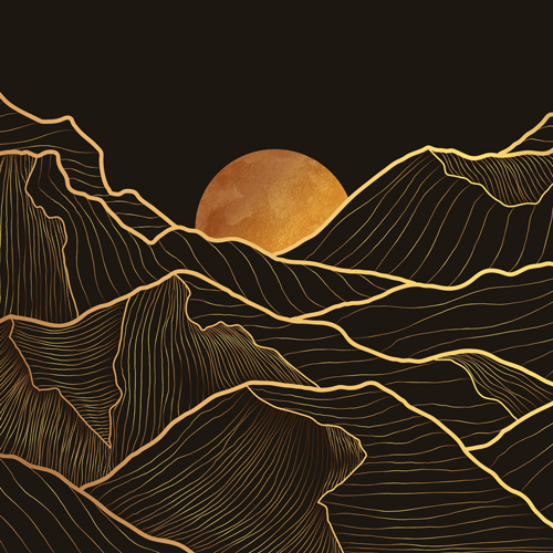 etched drawing of sun setting behind mountains