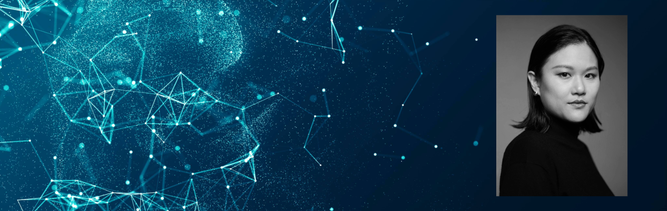 Karen hao headshot with background of abstract AI art