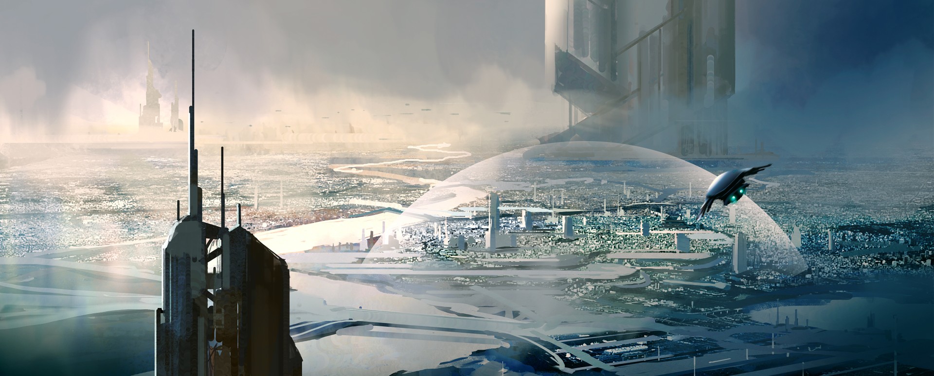 Science fiction scene with bubble city and flying spaceship 