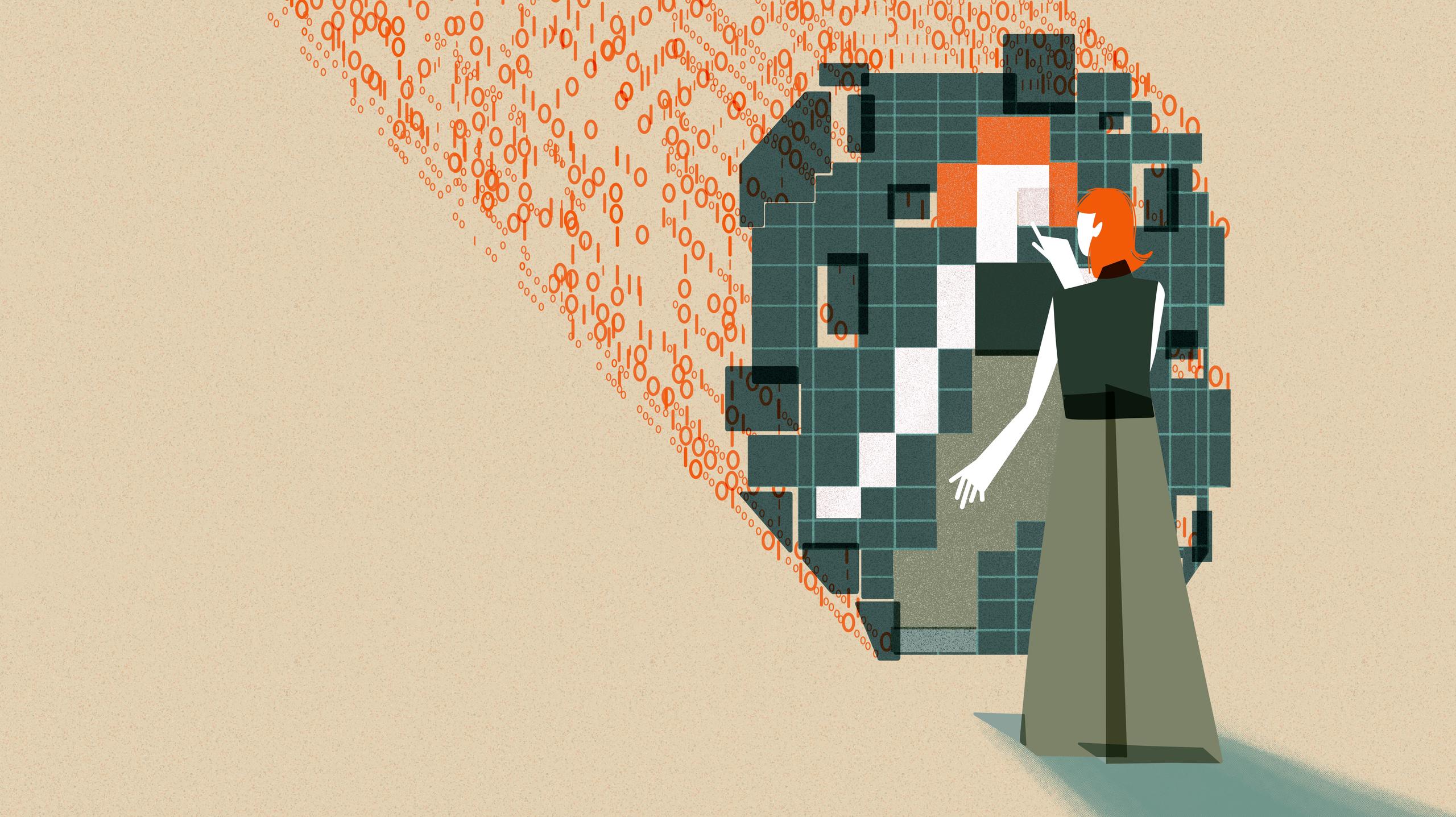 Illustration of a woman looking at a fragmented reflection of herself