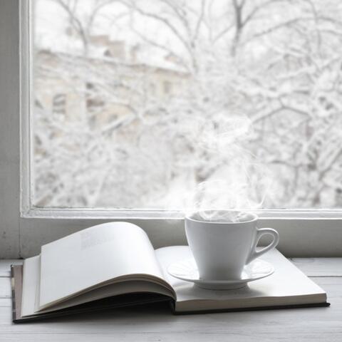 Coffee and book near window with snow in background