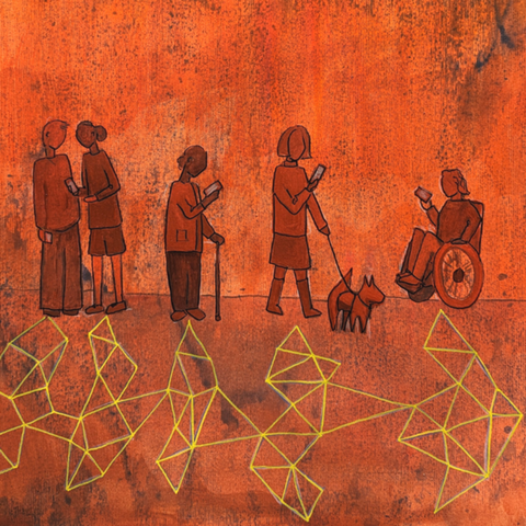 This is a detail from a watercolour commissioned by Reset.Tech Australia for a policy briefing on Misinformation and disinformation regulatory frameworks. The illustration shows people from all walks of life looking at their phones, being in a world of false information highlighted by the ominous flame-like colour of the picture. The people case shadows of data and algorithms which represent the way in which they received the information, and are passing it on.