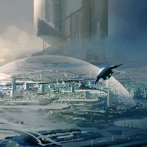 Science fiction scene with bubble city and flying spaceship 